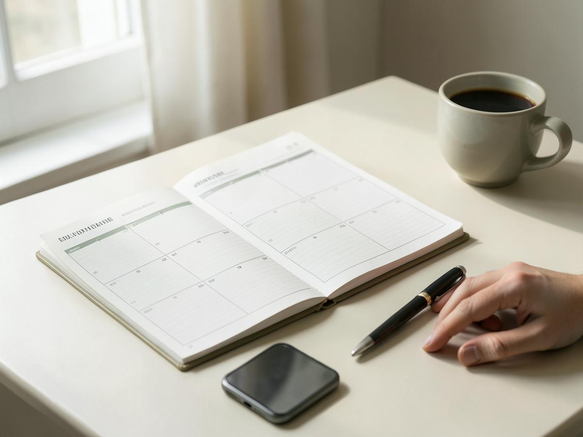An open planner, phone and pen used for follow-up check-ins.