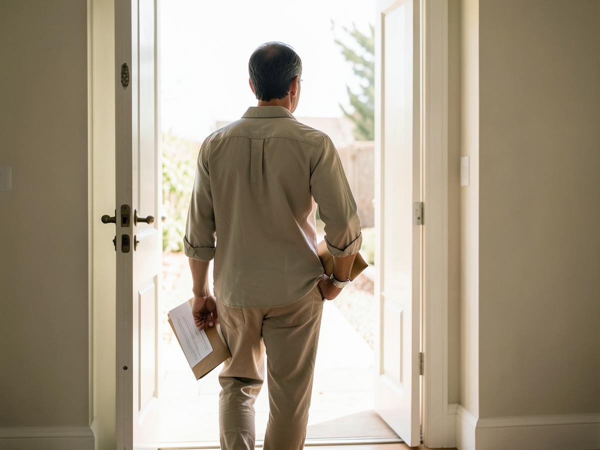 A person walking through an open doorway carrying documents.
