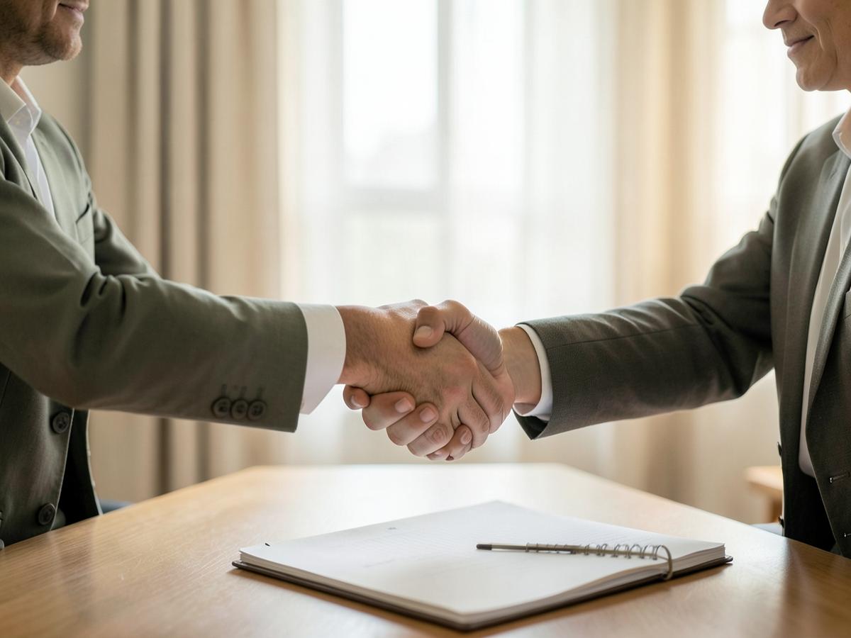 Two service professionals shaking hands across a table.